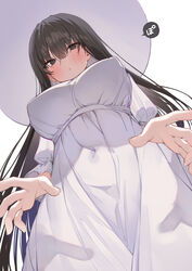  2channel black_eyes black_hair breasts cleavage covered_nipples dress female from_below hasshaku-sama hat highres huge_nipples large_areolae large_breasts long_hair long_sleeves looking_at_viewer looking_down paid_reward_available pointy_breasts shin_no_tenpii solo sun_hat sundress tall_female urban_legend white_dress white_hat 