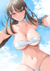  absurdres armband bandeau bikini blue_sky breasts brown_eyes brown_hair cleavage closed_mouth cloud collarbone commission cowgirl_position english_commentary female highres large_breasts long_hair looking_at_viewer micro_bikini navel nukigee_mitai_na_shima_ni_sunderu_watashi_wa_dou_surya_ii_desu_ka? pixiv_commission poolpool pov sky smile solo strapless strapless_bikini swimsuit tadasugawa_rei thighhighs underboob white_bikini 