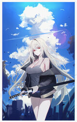  absurdres bad_id bad_pixiv_id bare_shoulders black_jacket black_shorts breasts camisole cleavage closed_mouth cloud expressionless female glint grey_shirt hair_intakes highres holding holding_sword holding_weapon jacket katana large_breasts long_hair long_sleeves looking_at_viewer off_shoulder open_clothes open_jacket original orn outdoors red_eyes sheath shirt short_shorts shorts sleeveless sleeveless_shirt solo spaghetti_strap standing sword thighs unsheathing very_long_hair weapon white_hair 