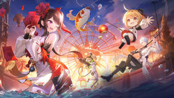  1boy 3girls ;d bare_shoulders black_jacket black_pants bodysuit bow breasts brown_hair brown_pantyhose china_dress chinese_clothes coat detached_sleeves dress ferris_wheel fish fishing_rod gold_trim hairbow highres holding hongbao hood hooded_jacket jacket jumping koi lantern long_hair long_sleeves looking_at_another medium_breasts mi-a_(tower_of_fantasy) mini_person minigirl multiple_girls official_art one_eye_closed open_mouth outdoors pants pantyhose paper_lantern puffy_sleeves purple_eyes see-through shiro_(tower_of_fantasy) short_dress side_slit single_leg_pantyhose smile standing sunset tassel tower_of_fantasy twintails two-tone_dress wading wanderer_(tower_of_fantasy) water white_bodysuit white_coat white_dress 