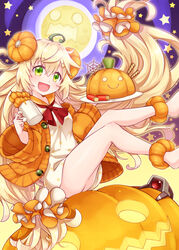  :d barefoot blonde_hair blush commentary cup dinergate_(girls&#039;_frontline) dress feet_out_of_frame female floating_hair food-themed_hair_ornament full_moon girls&#039;_frontline green_eyes hair_between_eyes hair_ornament hair_scrunchie hairclip harada_(sansei_rain) highres holding holding_cup holding_tray jack-o&#039;-lantern jacket long_hair long_sleeves looking_at_viewer moon mug non-humanoid_robot official_alternate_costume open_clothes open_jacket open_mouth orange_jacket orange_scrunchie print_dress pumpkin_hair_ornament robot s.a.t.8_(girls&#039;_frontline) s.a.t.8_(pumpkin_skewers)_(girls&#039;_frontline) sangvis_ferri scrunchie shotgun_shell silk smile spider_web star_(symbol) star_print tray very_long_hair white_dress wide_sleeves 