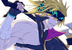  1boy axe blonde_hair chest_harness fate/grand_order fate_(series) fingerless_gloves gloves harness headband highres igote long_hair looking_at_viewer male_focus muscular muscular_male official_alternate_costume pectorals sakata_kintoki_(fate) sakata_kintoki_(heian_warrior_attire)_(fate) single_bare_shoulder smile solo u2_(yuniu222) weapon 