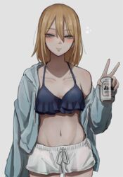  aki_(tabao) alcohol beer beer_can blonde_hair blue_bra blue_eyes blue_hoodie blush bra breasts can cleavage closed_mouth collarbone commentary_request drawstring drink_can female frilled_bra frills grey_background hair_between_eyes half-closed_eyes highres holding holding_can hood hoodie looking_at_viewer medium_hair mole mole_under_eye navel original partial_commentary scar self-harm self-harm_scar shorts simple_background small_breasts smile solo standing tabao underwear v white_shorts 