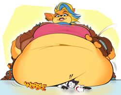  activision anthro bandicoot belly belly_smother big_belly breasts crash_(series) dominant dominant_female duo exclamation_point extruded_text fan_character female hi_res macro mammal marsupial midriff motion_onomatopoeia navel obese obese_anthro obese_female onomatopoeia overweight overweight_anthro overweight_female pinned_by_belly pirate_tawna silverscarf sound_effects text under_belly weight_gain wobbling 