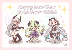  2020 3girls ;d alencia_(epic_seven) armored_boots armored_leotard aunt_and_niece bare_shoulders black_hairband black_horns black_legwear black_sleeves blue_bow boots border bow bracelet breasts chains chibi cleavage commentary covered_navel detached_sleeves dragon_girl dragon_horns dragon_tail dress english_commentary epic_seven firework_background flat_chest forehead_jewel full_body gauntlets green_hair hair_ornament hairband hand_up happy_new_year head_tilt highres horns jewelry kuyoi large_breasts leotard long_hair low-tied_long_hair luna_(epic_seven) multiple_girls new_year oerba_yun_fang one_eye_closed open_mouth pink_border pointy_ears purple_bow purple_dress red_eyes shadow siblings sidelocks signature silver_dress sisters sleeves_past_wrists smile sparkle tail tail_bow tail_ornament tail_ring thick_eyebrows thighhighs underbust v very_long_hair white_background white_footwear white_hair white_leotard white_sleeves x_hair_ornament yufine_(epic_seven) 