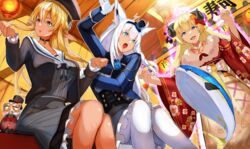  3girls absurdres animal_ears bakatare_(hololive) blonde_hair breasts dark-skinned_female dark_skin dress elf fox_ears fox_girl fox_tail grey_hair highres hololive horns japanese_clothes kimono kintsuba_(shiranui_flare) large_breasts long_hair maruno_ball multiple_girls pinstripe_dress pinstripe_pattern pointy_ears purple_eyes red_kimono sheep_ears sheep_girl sheep_horns shirakami_fubuki shirakami_fubuki_(aristocrat_kei) shiranui_flare shiranui_flare_(street) smile striped tail tsunomaki_watame tsunomaki_watame_(new_year) victorian virtual_youtuber white_hair 