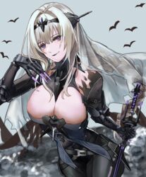  absurdres bianca:_stigmata_(punishing:_gray_raven) bianca_(punishing:_gray_raven) black_bodysuit black_hairband bodysuit breasts cleavage detached_collar female grey_hair hairband headgear highres holding holding_weapon large_breasts mechanical_arms mochigana punishing:_gray_raven purple_eyes science_fiction sidelocks veil weapon 