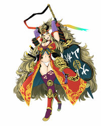  armor big_hair breasts cleavage commentary_request crest decchi_oyabun elbow_gloves fake_horns family_crest female full_body gloves gold_trim gunbai helmet horned_helmet horns japanese_armor kabuto_(helmet) katan large_breasts long_hair midriff navel oversized_object panties purple_thighhighs sayagata sengoku_fubu sheath sheathed shoulder_armor simple_background sode solo standing thighhighs underwear very_long_hair war_fan white_background white_panties yellow_eyes yotsuwari-bishi 