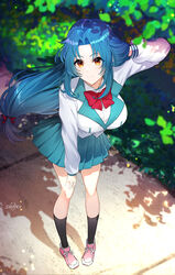  absurdres black_socks blue_hair breasts brown_eyes chidori_kaname closed_mouth commentary female full_body full_metal_panic highres jindai_high_school_uniform large_breasts leaning_forward long_hair long_legs looking_at_viewer low-tied_long_hair outdoors sakotach school_uniform shadow sidewalk smile socks 