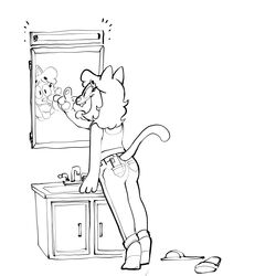  1:1 amy_(creator_ant) anthro bathroom_sink black_and_white clothed clothing creator_ant domestic_cat felid feline felis female flip_flops footwear hi_res light looking_at_self mammal mirror monochrome open_mouth sandals simple_background socks solo tail tongue tongue_out 