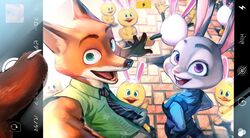  2019 anatid anseriform anthro avian bird black_nose bottomwear canid canine clothed clothing day disney duck female fox fully_clothed fur gidora_(artist) gloves_(marking) green_eyes grey_body grey_fur group high-angle_view judy_hopps lagomorph leporid male mammal markings necktie nick_wilde open_mouth open_smile orange_body orange_fur pants pink_nose police police_uniform purple_eyes rabbit red_fox shirt smile topwear true_fox uniform zootopia 