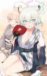  2girls absurdres animal_ears blonde_hair blue_archive blunt_bangs blush bottle breasts bucket cleavage closed_eyes commentary_request drooling emirio_(emirio110) green_eyes halo hand_fan highres holding holding_bottle holding_fan japanese_clothes kimono looking_at_viewer low_twintails medium_breasts mouth_drool multiple_girls nodoka_(blue_archive) nodoka_(hot_spring)_(blue_archive) obi onsen parted_lips sash shigure_(blue_archive) shigure_(hot_spring)_(blue_archive) short_twintails sitting thighs twintails water wide_sleeves yukata 