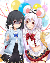  2girls absurdres animal animal_ears animal_on_head animal_on_shoulder balloon black_hair black_skirt blue_bow blunt_bangs blush bow brooch brown_eyes buttons collared_shirt commentary double-breasted dual_persona felutiahime gem granblue_fantasy grey_hair hair_ornament hairband hairclip heart heart_brooch highres jewelry long_sleeves looking_at_viewer midriff mouse_(animal) mouse_ears mouse_on_head mouse_on_shoulder multiple_girls navel on_head pleated_skirt red_bow red_eyes red_skirt shirt short_hair skirt stomach vikala_(granblue_fantasy) white_shirt white_skirt wide_sleeves 