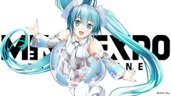  absurdly_long_hair aqua_eyes aqua_hair bare_shoulders bent_over commentary copyright_name detached_sleeves dress female floating_hair grey_sleeves hair_ornament hatsune_miku hatsune_miku_expo highres leg_up long_hair looking_at_viewer map_print open_mouth see-through see-through_dress see-through_sleeves shoulder_tattoo silver_dress silver_legwear smile solo tattoo thighhighs twintails twitter_username very_long_hair vocaloid white_background yokaze_(yokajie) 