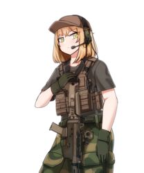  absurdres assault_rifle baseball_cap blonde_hair brown_hat brown_shirt female fn_fnc gloves green_eyes green_gloves gun hat headset highres jonasmk medium_hair original rifle shirt simple_background solo weapon white_background yellow_eyes 