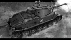  artist_name caterpillar_tracks commentary_request emblem female firing frown girls_und_panzer grass greyscale harumiya_hiro highres leopon_(animal) letterboxed military military_vehicle monochrome motor_vehicle nakajima_(girls_und_panzer) ooarai_(emblem) open_mouth outdoors short_hair signature solo tank tiger_(p) twitter_username vehicle_focus 