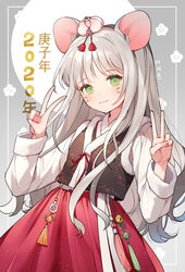  2020 animal_ear_fluff animal_ears azit_(down) blush chinese_zodiac closed_mouth commentary_request double_v facial_mark female green_eyes grey_hair hair_ornament hanbok hands_up highres korean_clothes long_hair looking_at_viewer mouse_ears new_year original pleated_skirt red_skirt skirt smile solo v very_long_hair whisker_markings year_of_the_rat 