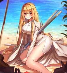  absurdres beach blonde_hair blush bow cosplay female formal full_body hairbow highres invincible_dragon_(last_origin) invincible_dragon_(last_origin)_(cosplay) jacket jacket_on_shoulders korean_commentary last_origin lilac_(k32420276) long_hair looking_to_the_side outdoors pencil_skirt red_hair saber_(weapon) sirene_(last_origin) skirt skirt_suit smile solo starfish suit sword very_long_hair water weapon 