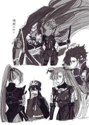  2boys age_difference armor bangs belt black_bodysuit black_gloves blush bodysuit brother_and_sister cape cowboy_shot ddlcclia ears_visible_through_hair family_crest fate/grand_order fate_(series) female gloves greyscale hair_over_one_eye hat highres holding holding_weapon jacket japanese_armor long_hair long_sleeves looking_at_another monochrome mori_nagayoshi_(fate) multiple_boys oda_nobukatsu_(fate) oda_nobunaga_(fate) oda_nobunaga_(maou_avenger)_(fate) oda_uri ponytail ribbon short_hair siblings simple_background twitter_username very_long_hair weapon white_belt 