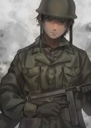  1boy absurdres bad_id bad_pixiv_id black_gloves black_hair breast_pocket combat_helmet commentary_request expressionless gloves green_headwear green_jacket gun hands_up helmet highres holding holding_gun holding_weapon jacket looking_at_viewer m1_helmet male_focus military military_uniform original partial_commentary pocket sanpaku shirt short_hair signature soldier solo standing submachine_gun thompson_submachine_gun trigger_discipline tsukino_miyako uniform united_states_army upper_body weapon world_war_ii 