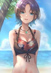  asakura_toru bare_shoulders beach bikini black_hair blue_eyes blue_hair blue_sky blurry blurry_background breasts cleavage cloud collarbone dappled_sunlight day earrings female gradient_hair highres horizon idolmaster idolmaster_shiny_colors jewelry looking_at_viewer multicolored_hair navel necklace ocean outdoors palm_tree parted_bangs print_bikini red_bikini short_hair simoumi_217 sky smile solo standing sunlight swimsuit teeth tree upper_teeth_only wet wet_hair 