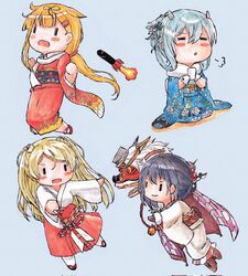  4girls :o black_gloves black_hair blonde_hair blue_hair blush chibi commentary conte_di_cavour_(kancolle) corrupted_twitter_file cup floral_print fur_collar gloves grey_background hair_flaps hair_ribbon hakama headgear highres holding holding_cup i-203_(kancolle) japanese_clothes kantai_collection kimono lion_dance long_hair miko multiple_girls nagato_(kancolle) official_alternate_costume open_mouth parted_lips poipoi_purin puff_of_air red_hakama ribbon scarf shishimai simple_background smile white_gloves white_scarf wide_sleeves yuudachi_(kancolle) yuudachi_kai_ni_(kancolle) 