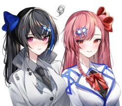  2girls asymmetrical_hair bad_id bad_pixiv_id black_hair black_neckwear blue_bow bow braid breasts closed_mouth collared_jacket girls&#039;_frontline hair_ornament hairbow hairclip hei_d hexagram jacket jericho_(girls&#039;_frontline) large_breasts lips long_hair looking_at_viewer multicolored_hair multiple_girls negev_(girls&#039;_frontline) orange_eyes pink_eyes pink_hair red_bow simple_background single_braid smile squiggle star_of_david streaked_hair white_background white_jacket 