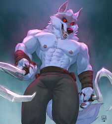  2023 abs anthro arm_wraps black_nose bottomwear canid canine canis claws clothed clothing death_(puss_in_boots) digital_media_(artwork) dreamworks dual_wielding fangs hi_res holding_object holding_weapon lion21 looking_at_viewer male mammal muscular muscular_anthro muscular_male pants puss_in_boots_(dreamworks) red_eyes sickle simple_background solo tail teeth topless weapon wolf wraps 