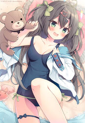  :d ahoge beach bear_hair_ornament black_hair blue_sailor_collar blush bow breasts collarbone commentary_request feet_out_of_frame female frilled_pillow frills green_bow green_eyes hair_between_eyes hair_ornament hairbow hairclip izumiyuhina knee_up long_hair long_sleeves looking_at_viewer lying medium_breasts oerba_yun_fang off_shoulder old_school_swimsuit on_back open_clothes open_shirt original pillow puffy_long_sleeves puffy_sleeves sailor_collar sand school_swimsuit school_uniform serafuku shirt skindentation sleeves_past_wrists smile solo swimsuit swimsuit_under_clothes teeth two_side_up very_long_hair white_shirt 