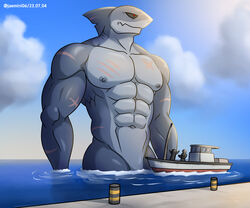  6:5 abs absurd_res alkan anthro big_pecs fish grey_body half_body hi_res mackerel_shark macro male marine megalodon moobs multicolored_body muscular muscular_anthro muscular_male navel nipples nude nude_anthro nude_male outside pecs pier red_eyes scar seascape shark simple_background sky solo two_tone_body water 