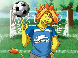  2008 anthro ball blue_clothing blue_shirt blue_topwear clothing colored felid fruitz fur grass hand_on_hip lion male mammal mane morenatsu one_eye_closed open_mouth open_smile orange_mane outside pantherine plant shirt smile soccer_ball soccer_goal solo soutarou_(morenatsu) topwear yellow_body yellow_fur 