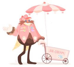  1boy dr._eggman facial_hair gigi_d.g. glasses gloves headwear_request ice_cream_stand jumpsuit lowres male_focus moustache red_jumpsuit solo sonic_(series) source_request white_gloves 