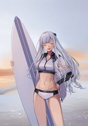  :d ak-12_(age_of_slushies)_(girls&#039;_frontline) ak-12_(girls&#039;_frontline) closed_eyes cowboy_shot crop_top female girls&#039;_frontline grey_jacket highres holding holding_surfboard jacket long_hair midriff navel ocean open_clothes open_jacket open_mouth outdoors sidelocks sky smile solo sports_bikini standing sunset surfboard swimsuit taiyang_ami water white_hair 