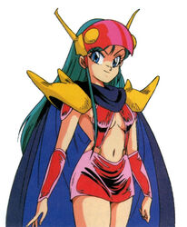  1990s_(style) aqua_hair armor blue_eyes cape cowboy_shot female genji_tsuushin_agedama head-mounted_display kuki_rei long_hair looking_at_viewer miniskirt navel non-web_source o-ring official_art pauldrons red_skirt retro_artstyle scan shoulder_armor simple_background skirt smile solo tsuji_hatsuki vambraces white_background 