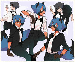  animal_ears artist_name blue_hair body_fur border brand_new_animal brown_hair dreamsyndd english_commentary female furry furry_female grin highres humanization kagemori_michiru multiple_views pants raccoon_ears raccoon_girl raccoon_tail shirt short_hair simple_background smile suspenders tail v white_border 