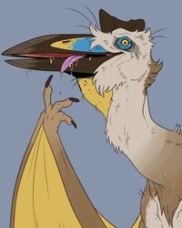  absurd_res ambiguous_gender azhdarchid beak blue_background bodily_fluids brown_beak bust_portrait chest_tuft coal_(imperatorcaesar) dripping drooling extinct fur glistening glistening_eyes hi_res imperatorcaesar membrane_(anatomy) membranous_wings neck_tuft open_mouth portrait prehistoric_species pterosaur quetzalcoatlus reptile saliva saliva_drip scalie side_view simple_background solo tuft white_body white_fur wings yellow_body yellow_wings 