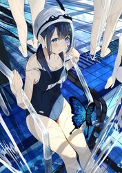  4girls absurdres barefoot blue_eyes blue_hair blue_one-piece_swimsuit bug butterfly check_source competition_school_swimsuit highres image_sample looking_at_viewer low_twintails mole mole_on_thigh multiple_girls multiple_others name_tag one-piece_swimsuit original partially_submerged pool poolside sakura_yuu_(hzjy8485) school_swimsuit solo_focus source_request swim_cap swimsuit twintails yandere_sample 