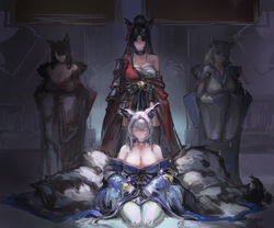  4girls absurdly_long_hair absurdres akagi_(azur_lane) akagi_(plum_and_snow)_(azur_lane) animal_ear_fluff animal_ears armor arrow_(projectile) azur_lane bare_shoulders black_hair black_kimono black_thighhighs blue_collar blue_kimono breasts brown_hair choker cleavage closed_eyes collar faceless faceless_female fox_ears fox_girl fox_tail fur-trimmed_kimono fur_trim hadanugi_dousa hamaya highres huge_breasts japanese_armor japanese_clothes kaga_(azur_lane) kaga_(white_fox&#039;s_new_year)_(azur_lane) kii_(azur_lane) kimono kitsune kusazuri kyuubi large_breasts large_tail long_hair looking_at_viewer multiple_girls multiple_tails off_shoulder official_alternate_costume open_clothes open_kimono pantyhose purple_eyes red_choker red_kimono sarashi seiza shinano_(azur_lane) single_bare_shoulder sitting song_ren tail thighhighs traditional_media very_long_hair watercolor_pencil_(medium) white_hair white_kimono white_pantyhose white_tail wide_sleeves 