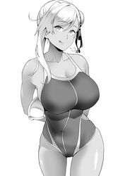  armpit_peek arms_behind_back asymmetrical_hair bare_shoulders blush breasts bun_cover cleavage closed_mouth collarbone commentary competition_swimsuit covered_navel fate/grand_order fate_(series) female greyscale hair_between_eyes hair_bun hair_ribbon large_breasts licking_lips long_hair looking_at_viewer miyamoto_musashi_(fate) miyamoto_musashi_(swimsuit_berserker)_(fate) miyamoto_musashi_(swimsuit_berserker)_(first_ascension)_(fate) monochrome one-piece_swimsuit photoshop_(medium) pursed_lips ribbon sideboob sidelocks simple_background single_side_bun soba_(saz) solo sweat swept_bangs swimsuit tan thighs tongue tongue_out 