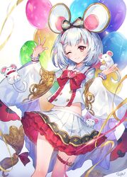  animal animal_ears balloon bow bowtie brooch collared_shirt commentary_request female frilled_skirt frills glint granblue_fantasy hair_ornament hairband hairclip hands_up heart heart_brooch jewelry long_sleeves looking_at_viewer midriff miniskirt mouse_(animal) mouse_ears one_eye_closed pleated_skirt shirt shirt_overhang short_hair skirt smile solo soriya thigh_strap vikala_(granblue_fantasy) white_shirt white_skirt wide_sleeves 