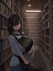  apron black_hair blush book bookstore breast_rest breasts brown_eyes carried_breast_rest carrying denim female from_side glasses hair_over_one_eye highres indoors jeans large_breasts long_bangs long_hair looking_at_viewer low_twintails natsuishi_nana open_mouth original pants shop sweater twintails 