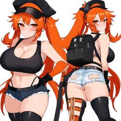  1girls 2023 ai_generated ai_hands anime_nose anime_style ass big_ass big_breasts big_butt black_hat breasts bubble_butt cleavage clothed_female denim_shorts gloves hat jean_shorts nhuong258 orange_hair panties spawner stable_diffusion stockings tank_top 