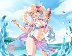  beach bikini blonde_hair blue_eyes female head_wings ice_cream mia_mikhail solo tagme twintails virtual_youtuber water 