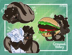  2023 absurd_res anthro burger closed_eyes crownedvictory curled_up digital_drawing_(artwork) digital_media_(artwork) duo eating eating_food eyewear fangs flat_colors food fur glasses grey_body grey_fur hair heart_symbol hi_res hug hugging_another hugging_from_behind male mammal mephitid open_mouth open_smile pink_tongue procreate_(artwork) round_glasses short_hair skunk sleeping smile sound_effects sticker_pack striped_skunk tail teeth tongue vowelless vowelless_sound_effect wearing_glasses whisker_spots wix_(skunkwix) ych_(character) zzz 