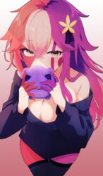  1girls big_breasts countryhumans countryhumans_girl countryhumans_oc cute fevie_(markai_cat) looking_at_viewer markai_cat plushie pov safe sfw sweater thighhighs three_tone_hair yellow_eyes 