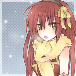  animal_around_neck ark_kan blue_background blush bow breasts brown_hairband commentary_request dress eyes_visible_through_hair female fox green_eyes hair_between_eyes hairband hairbow long_hair looking_at_viewer lowres medium_breasts open_mouth polka_dot polka_dot_background professor_(ragnarok_online) ragnarok_online red_dress red_hair sleeveless sleeveless_dress solo upper_body yellow_bow 