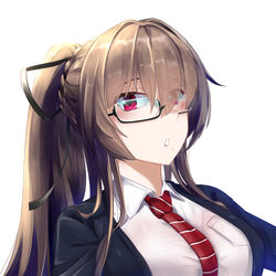  absurdres azur_lane black-framed_eyewear blue_cardigan braid breasts brown_hair cardigan crown_braid female glasses hair_between_eyes highres irkawaza large_breasts long_hair looking_at_viewer mole mole_under_mouth necktie official_alternate_costume red_eyes red_necktie semi-rimless_eyewear shirt simple_background solo striped striped_necktie swiftsure_(azur_lane) swiftsure_(study_hall_cyclamen)_(azur_lane) under-rim_eyewear white_background white_shirt 