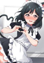  absurdres animal_ears apron bad_id bad_pixiv_id black_hair blush bridal_garter cat_ears cat_girl cat_tail fake_animal_ears female frills heart heart_hands heart_tail highres love_live! love_live!_nijigasaki_high_school_idol_club love_live!_school_idol_festival_all_stars maid maid_apron maid_headdress mifune_shioriko orange_eyes puffy_sleeves red_eyes short_hair solo swept_bangs tail totoki86 