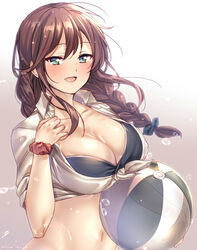  ball beachball bikini blue_eyes blush braid breasts brown_hair cleavage female gradient_background hair_ribbon juurouta kantai_collection large_breasts long_hair looking_at_viewer midriff navel noshiro_(kancolle) open_mouth ribbon scrunchie shirt simple_background solo swimsuit tied_shirt twin_braids twitter_username upper_body water white_shirt wrist_scrunchie 