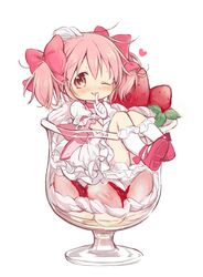  absurdres blush bow cup dress english_commentary female finger_to_mouth food fruit glass hairbow heart highres hitode kaname_madoka kaname_madoka_(magical_girl) looking_at_viewer lying mahou_shoujo_madoka_magica medium_hair on_back one_eye_closed open_mouth pink_bow pink_eyes pink_footwear pink_hair shoes short_sleeves short_twintails simple_background smile socks solo strawberry strawberry_parfait twintails white_background white_dress white_socks 